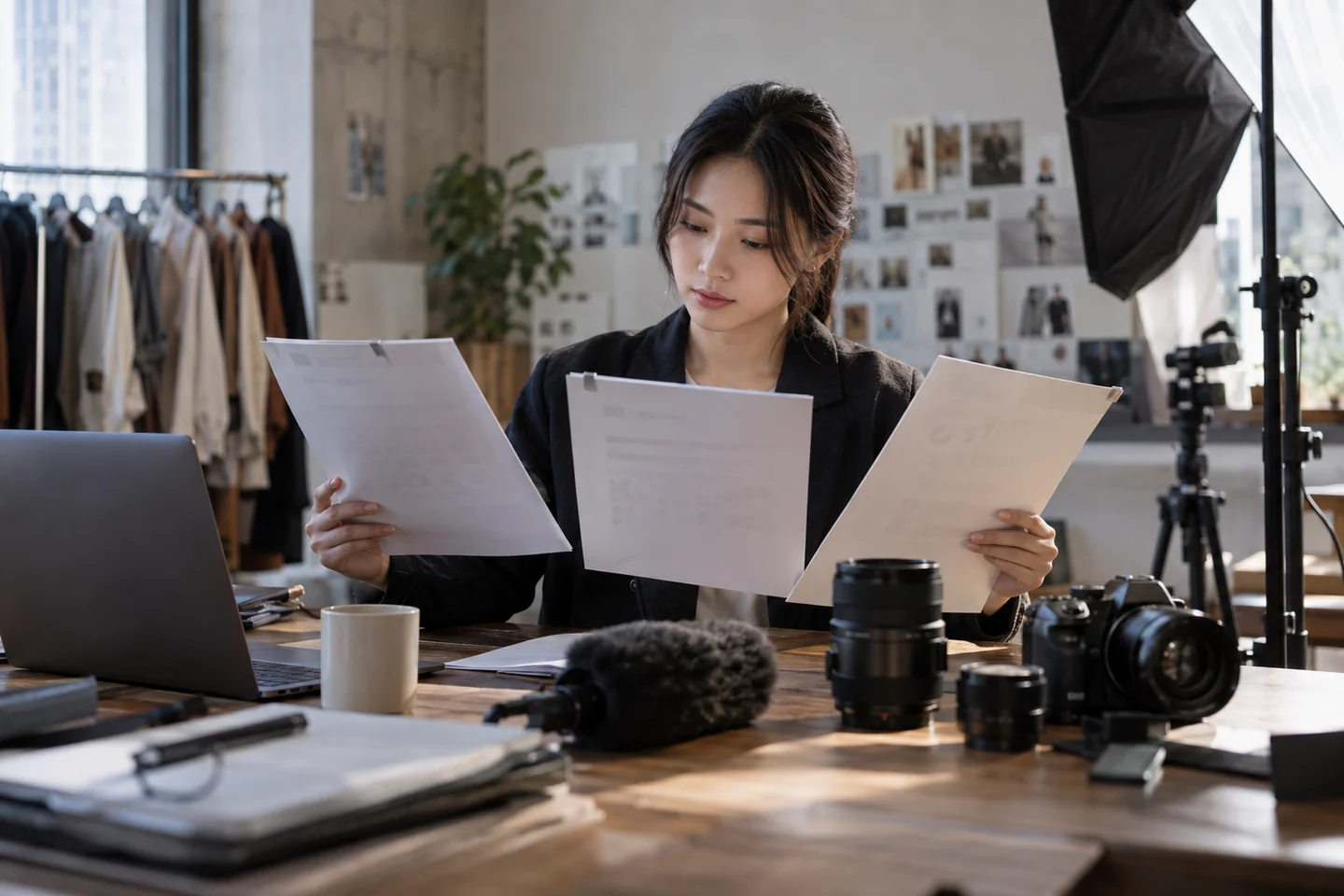 촬영 장비 옆에서 세 개의 콘텐츠 제작 견적서를 비교하는 담당자